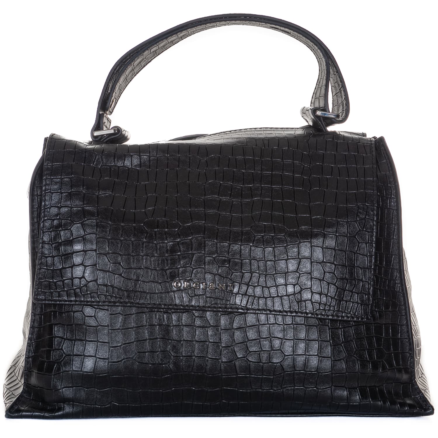 Black leather handbag with crocodile design